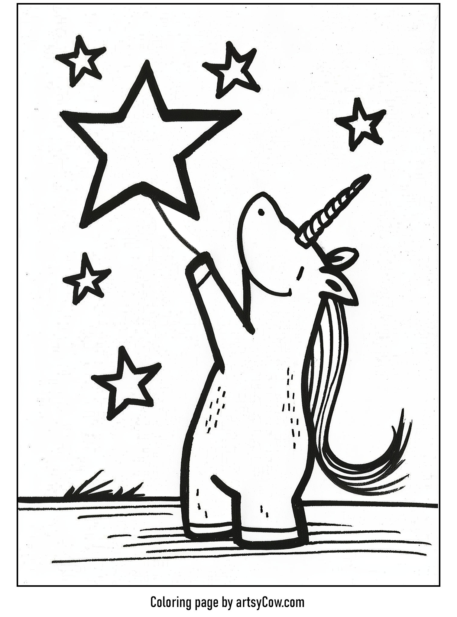 a charming unicorn holding a balloon shaped like a star